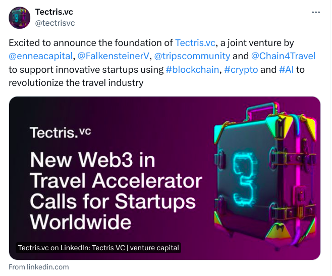 If you're building anything #web3 for the #travel industry, you should take a look at this, it could be a great opportunity to get funded and mentored by industry leaders and experts. 
Applications are open until the 31st of July 2024

#Web3Community #Startup #crypto #blockchain