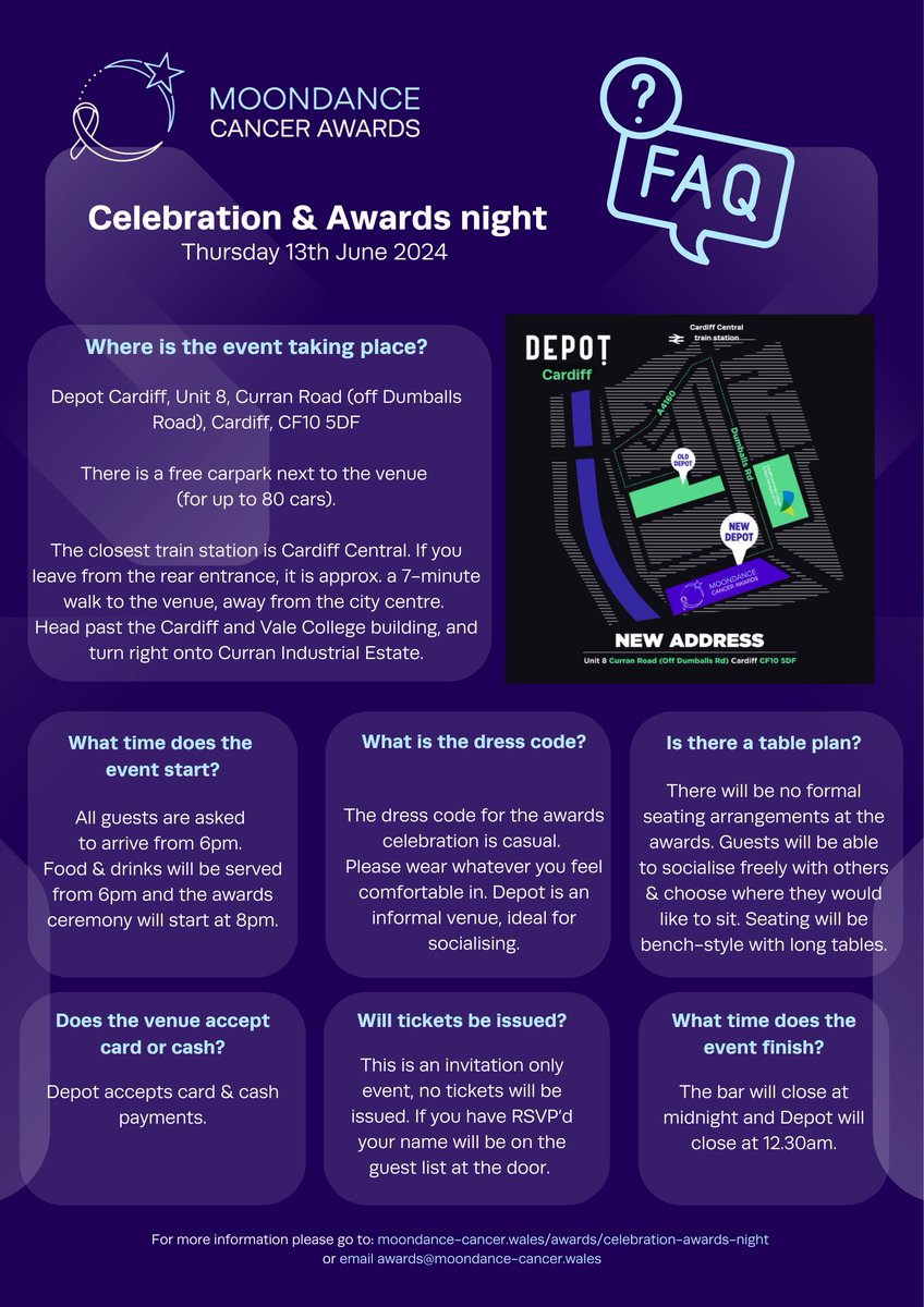 MoondanceCancer's tweet photo. Today's the day! 

We can't wait to celebrate with our guests from across Wales this evening @DepotCardiff! 

Take a look at the useful event information below if you are joining us....... https://t.co/cG6DcA4GBN
