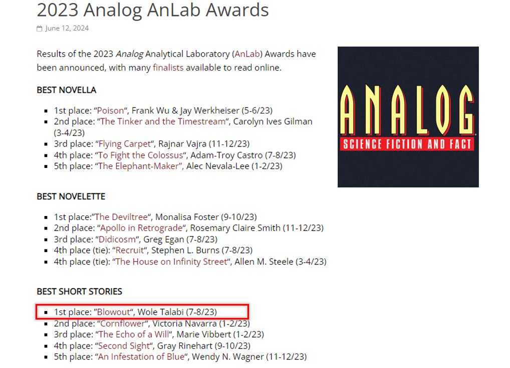 Wole Talabi (CONVERGENCE PROBLEMS out now) (@wtalabi) on Twitter photo Oh wait! Today brought one more piece of good news. I came in 1st place in the <a href="/Analog_SF/">Analog Fiction&Fact</a> awards for my story "Blowout", a hard-SF story about a Nigerian woman trying to save her estranged brother during an geological exploration accident on Mars.
locusmag.com/2024/06/2023-a… Oh wait! Today brought one more piece of good news. I came in 1st place in the <a href="/Analog_SF/">Analog Fiction&Fact</a> awards for my story "Blowout", a hard-SF story about a Nigerian woman trying to save her estranged brother during an geological exploration accident on Mars.
locusmag.com/2024/06/2023-a…