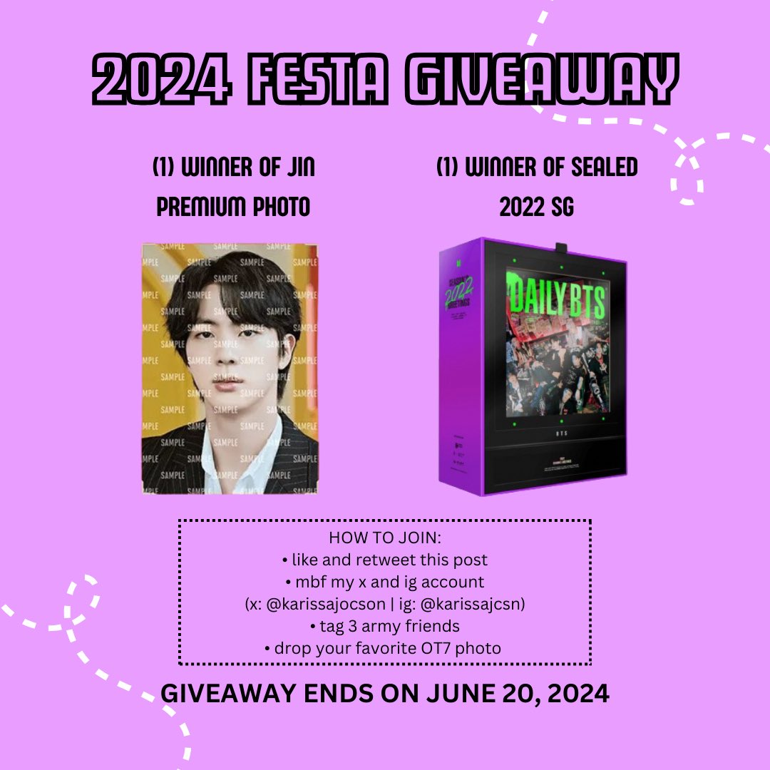 karissajocson's tweet photo. HAPPY FESTA ARMY! 💜
and WELCOME BACK JIN!

‼️GIVEAWAY ALERT‼️
get a chance to win JIN PREMIUM PHOTO OR 2022 SEASON's GREETINGS

check the photo on how to join
GOODLUCK! https://t.co/TNIxCTMlto