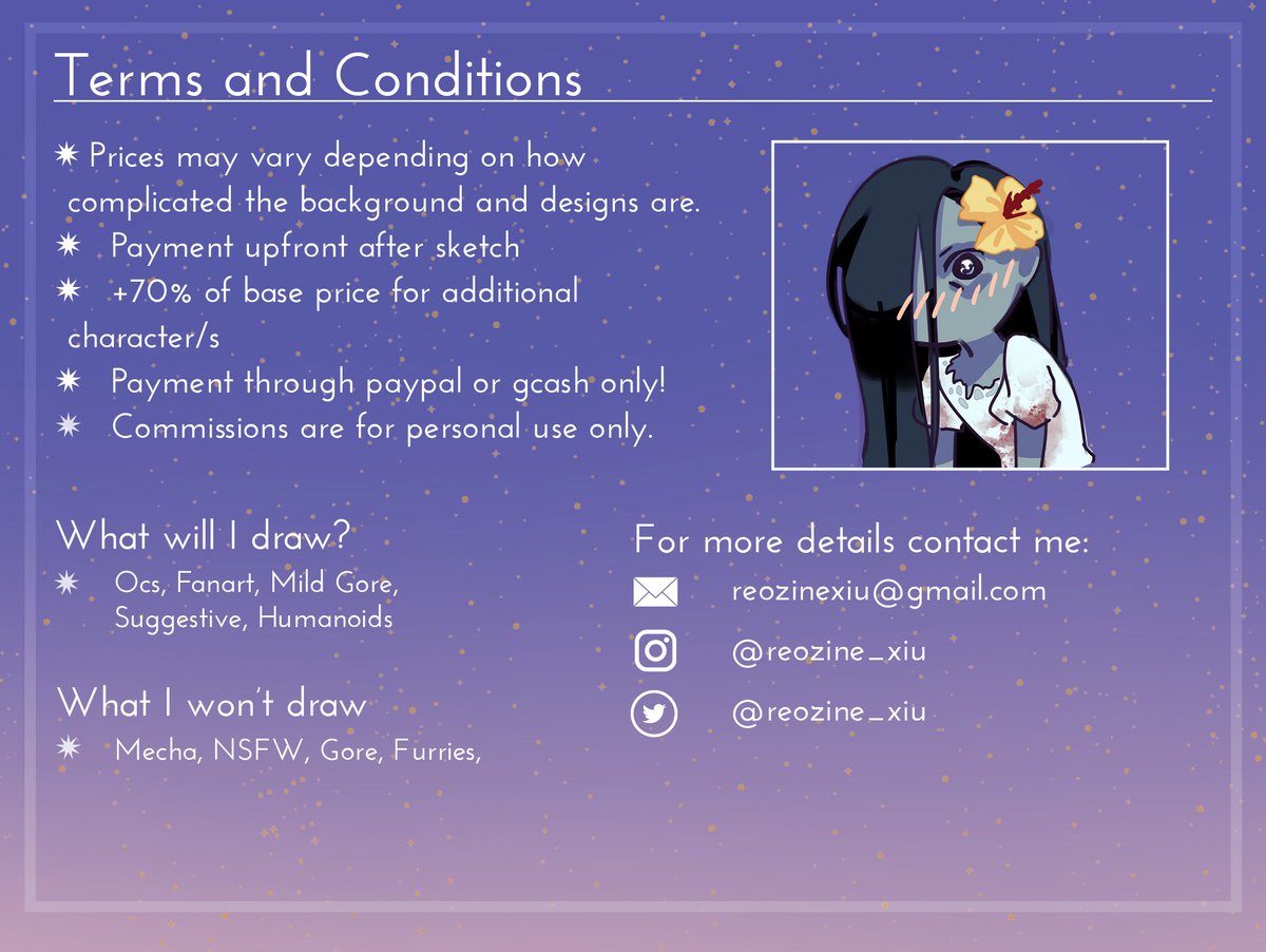 reozine_xiu's tweet photo. 🌟Emergency Commissions🌟
HELLO! I'm opening 3 slots today✨

Dm or email me if interested :]
#artph #artcommissions #opencommissions https://t.co/vP4zWOKdXD