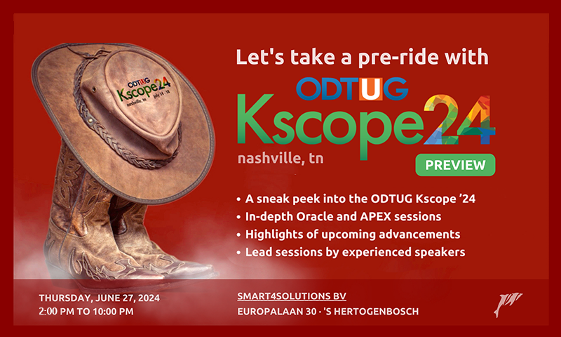🚀 Join us for the Kscope '24 Preview! 🚀

Calling all Oracle enthusiasts! Get a sneak peek before ODTUG Kscope 2024 in Nashville. Network, learn, and enjoy Texmex snacks, drinks, and music! 🎉 SIGN UP NOW! meetup.com/orclapex-nl/ev… 
#orclapex #Kscope24