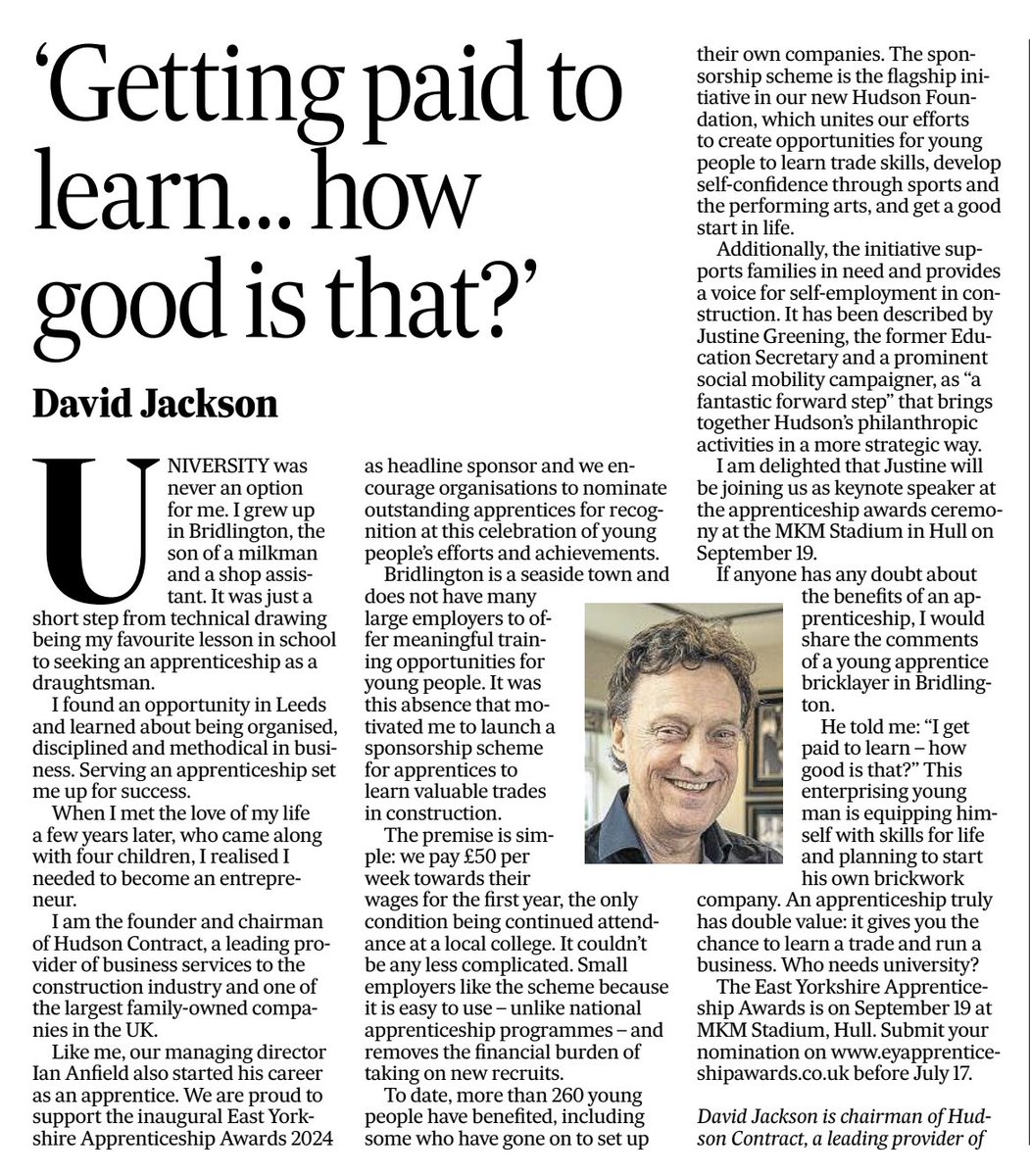 ✍️ "University was never an option for me. I grew up in Bridlington, the son of a milkman and a shop assistant... Serving an apprenticeship set me up for success."

Our founder and chairman David Jackson tells the <a href="/yorkshirepost/">The Yorkshire Post</a> about his personal reasons for supporting the