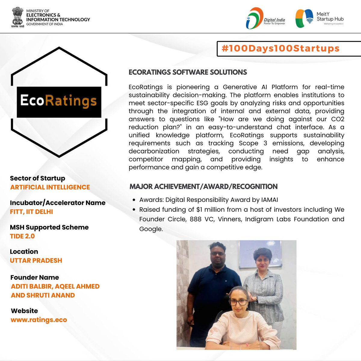 meitystartuphub's tweet photo. Introducing EcoRatings : A Clean-Tech company pioneering a Gen AI  knowledge platform” 

#MeitY #MeitYStartupHub #DigitalIndia #MyGov #ViksitBharat2047 #Startup #Technology #Cleantech #Ecorating #ArtificialIntelligence #GenAI #Sustainability #NetZeroGoals https://t.co/p7ynsrrtRv