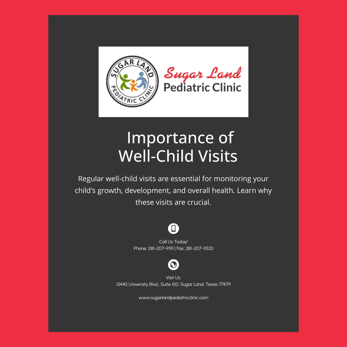 sugarlandpedia's tweet image. Well-child visits are key for keeping your child healthy and on track. Schedule your child's next checkup with us at 281-207-9191! 

#SugarLandTX #PediatricClinic #WellChildVisits