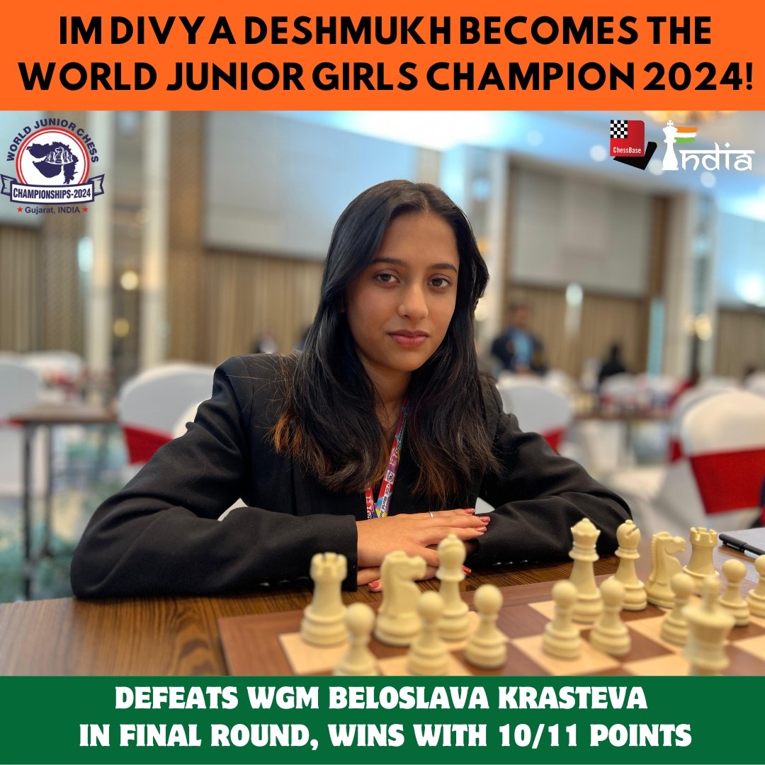 ChessbaseIndia's tweet photo. BREAKING NEWS: IM Divya Deshmukh becomes the World Junior Girls Champion 2024! 

Divya scored a powerful win with the White pieces against WGM Beloslava Krasteva in the final round to seal her win. She took sole first place, scoring an impressive 10/11 points!

A huge congratulations to Divya, her family and her entire team for this monumental success. What a performance!

Photos: Aditya Sur Roy 
#chess #chessbaseindia #worldjuniors2024 #divyadeshmukh #womeninchess