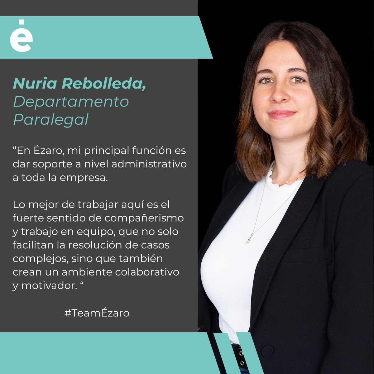 👫 #TeamÉzaro / Hoy, como cada jueves, os presentamos a nuestra compañera Nuria Rebolleda que pertenece al departamento de Paralegal.

¡Estamos muy contentos de contar contigo en nuestro equipo!

#somosézaro
