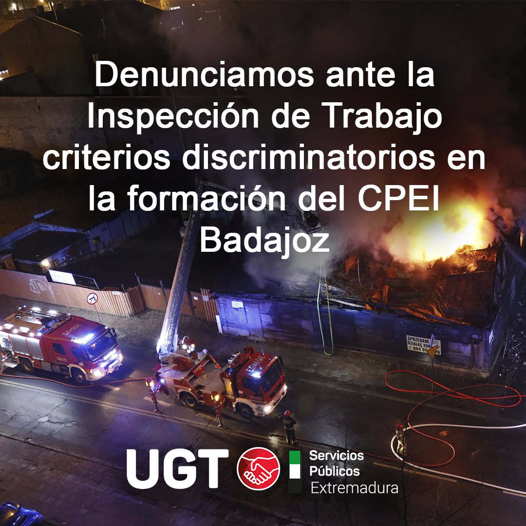 UGTSPEXT's tweet photo. 📅 El #CPEI decide q la formación sea sólo para funcionarios de carrera, excluyendo a interinos
#UGT considera q esta decisión es discriminatoria y contraviene la Ley de Prevención de Riesgos Laborales
https://t.co/nvIh5CBIXZ
#Badajoz @bomberosUGT_SP https://t.co/sX3kfTpLZ4