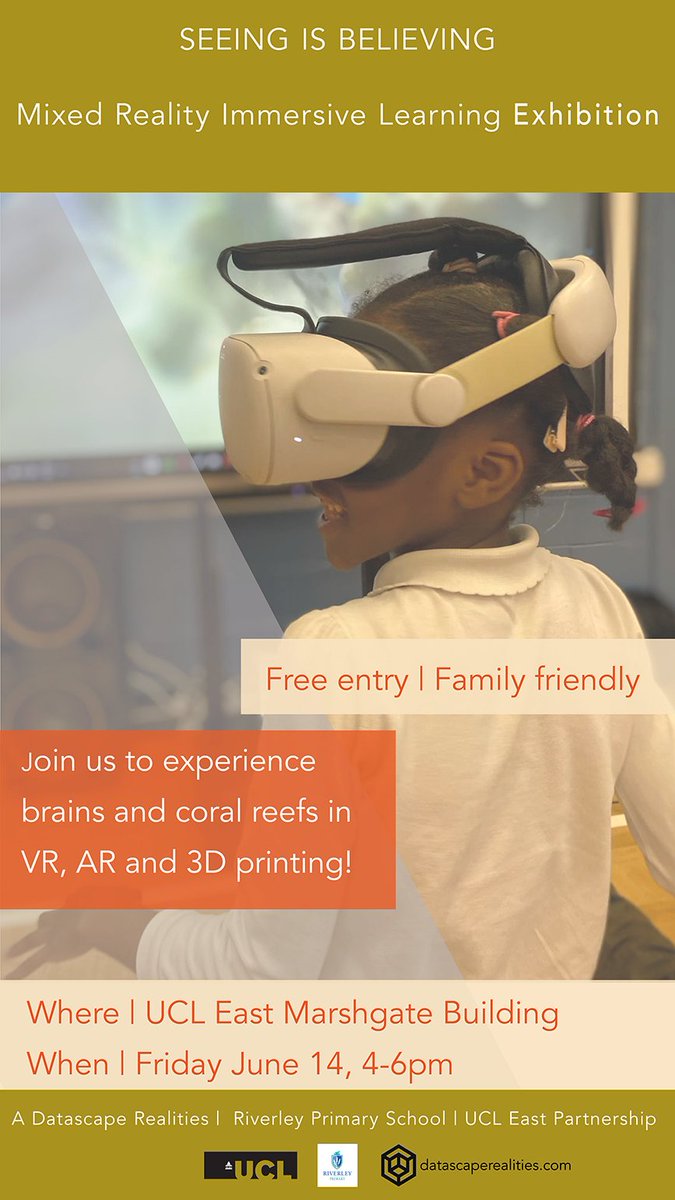 Datascape Realities (@datascape_real) on Twitter photo Join us 4-6pm TOMORROW <a href="/UCLEast/">UCL East campus</a> for a mixed reality immersive learning exhibition, the result of our collaboration with @UCL <a href="/KingsCollegeLon/">King's College London</a> scientists and <a href="/RiverleyPrimary/">Riverley Primary</a>! Experience brains and coral reefs in #AR #VR and #3Dprinting!
<a href="/UCLEastEngage/">@UCLEastEngage</a> #STEMoutreach Join us 4-6pm TOMORROW <a href="/UCLEast/">UCL East campus</a> for a mixed reality immersive learning exhibition, the result of our collaboration with @UCL <a href="/KingsCollegeLon/">King's College London</a> scientists and <a href="/RiverleyPrimary/">Riverley Primary</a>! Experience brains and coral reefs in #AR #VR and #3Dprinting!
<a href="/UCLEastEngage/">@UCLEastEngage</a> #STEMoutreach