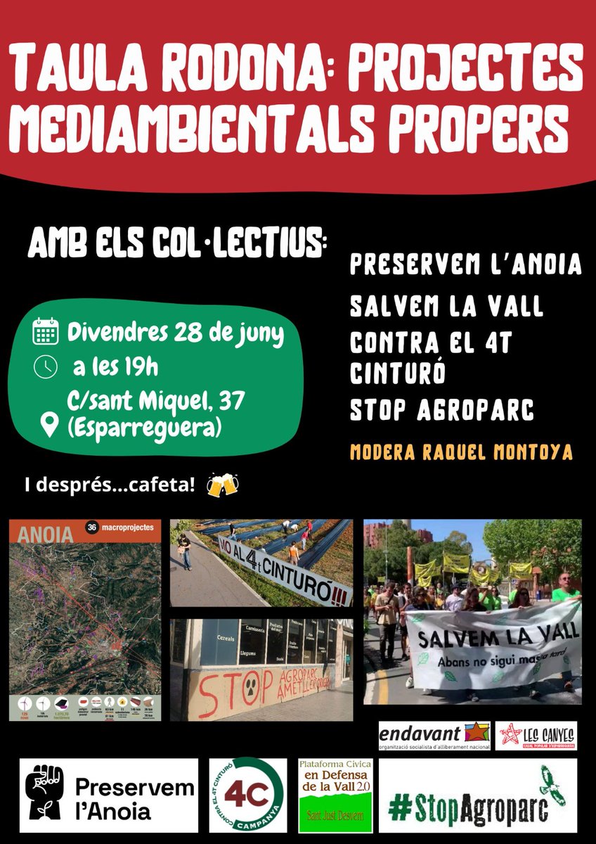 CasalEsparrec's tweet photo. 🌿 El proper divendres 28 de juny, a les 19h, farem una taula rodona amb representants de col·lectius de lluita contra projectes propers mediambientals.
Gaudirem de la presència de Preservem l'Anoia, @SalvemlaVallSJu, @stopagroparc i @Campanya_ccqc

El territori és cosa de totes! https://t.co/s2MDrRJdPa