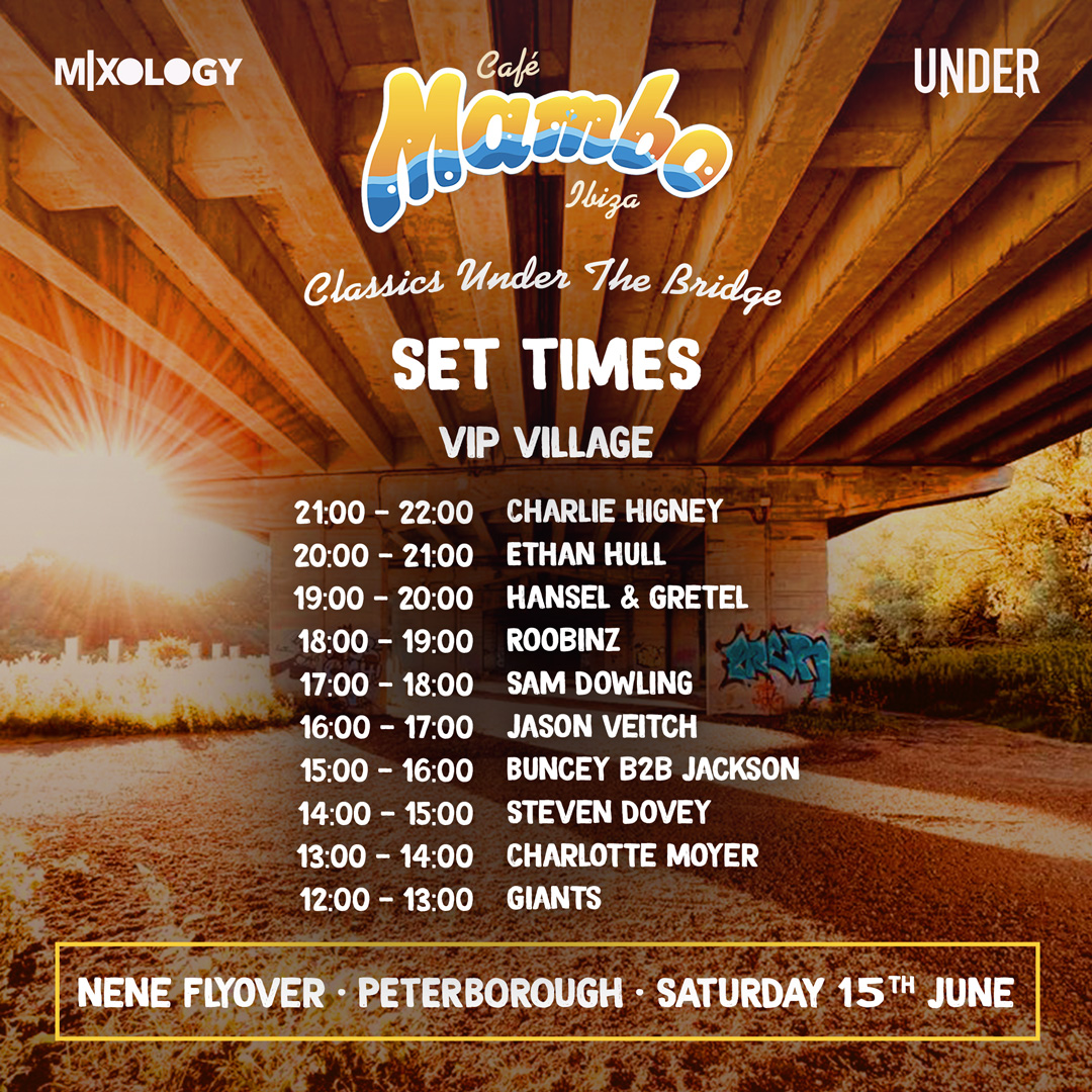 Saturday #settimes @mamboibiza 15th June “Classic Under The Bridge”
The Nene Flyover - Peterborough, UK
@under.events @mixologyuk w/ @realjudgejules <a href="/lovelylaurasax/">Lovely Laura</a> @djbensantiago @phatsandsmall @shades_of_rhythm <a href="/djtoddterry/">Todd Terry</a>
under.events/mambo-buyticke…