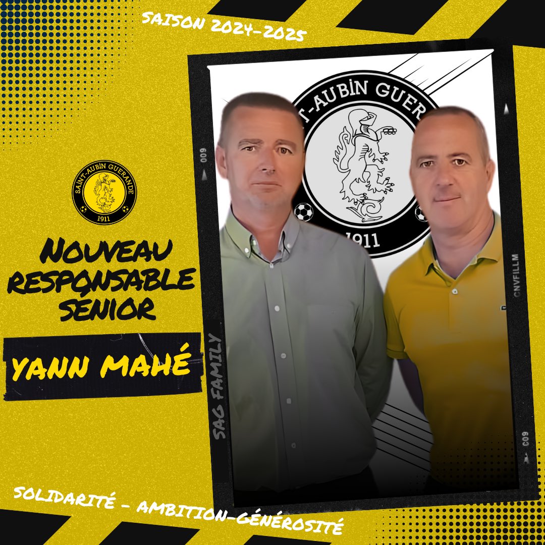 🌓 Bienvenue à Yann MAHÉ, notre nouveau responsable senior (à droite), et à Sébastien DELUGRÉ (à gauche) !

🌕 Yann, venant de St-Marc/Mer (R3), dirigera notre équipe fanion (R3) !

🤗 Reprise senior le 05/08/2024 !

#SaintAubinGuerande  #solidariteambitiongénérosité