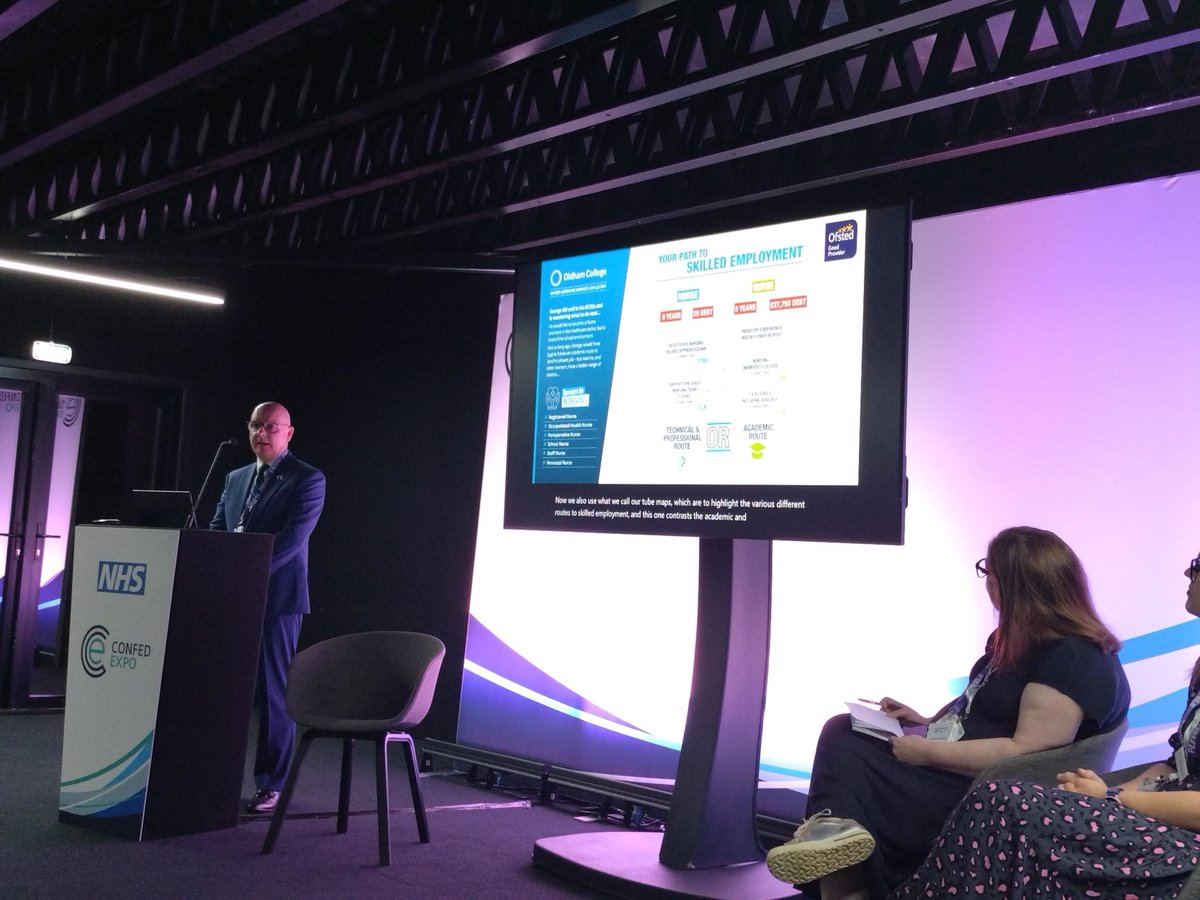GatsbyEd's tweet image. "T Levels are the most exciting and progressive qualification in my working life."  

@OldhamCollege's Alan Benvie talks about the advantages of a technical/professional pathway into #nursing and the value of #TLevel student placements for #NHS employers @ConfedExpo this morning.