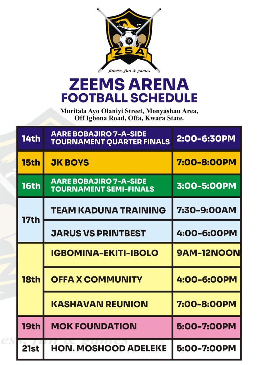 Some of the key football games to hold from tomorrow 14th June

Entrance fee from 16th June is #1k only for non football players while #2k to access Kids Play Ground 

Come enjoy Sallah Sports Fiesta at #ZeemsSportsArenaOffa #OffaTuntun #VisitKwara