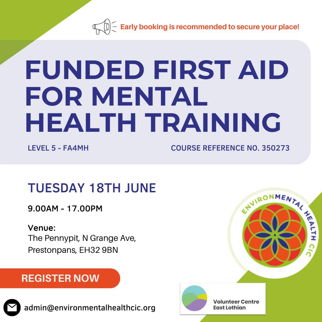 📣 FREE Mental Health First Aid Training!

In partnership with <a href="/VolunteerEL/">Volunteer Centre East Lothian</a>, we offer fully funded training for those working or volunteering in East Lothian. Gain skills to identify mental health issues and support your community.

#EastLothian #MentalHealth #FA4MH