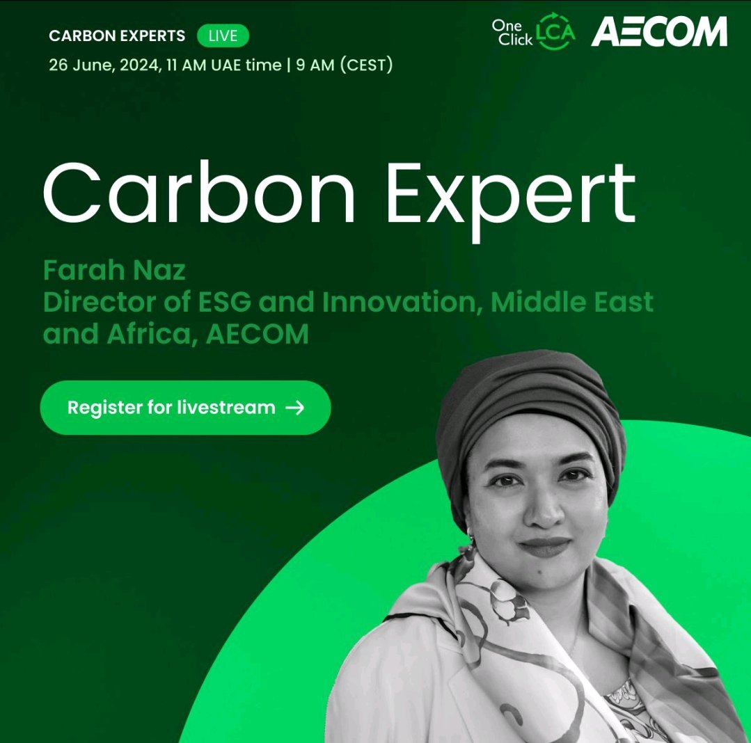 FarahNazSustain's tweet photo. Curious to explore the post COP 28 world with carbon goggles and gain insights from a leading carbon expert? Join us for the upcoming episode of Carbon Experts Live with Farah Naz FCIBSE, Director of ESG and Innovation, Middle East and Africa AECOM Middle East.
#OneClickLCA https://t.co/2LW9jm81S1