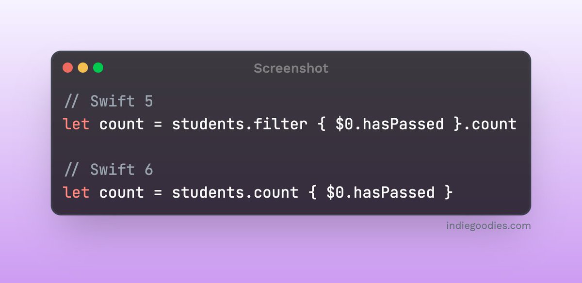 onmyway133's tweet photo. There's a new count method in Array from Swift 6 #iosdev #WWDC24 https://t.co/dG0WsMOlUQ
