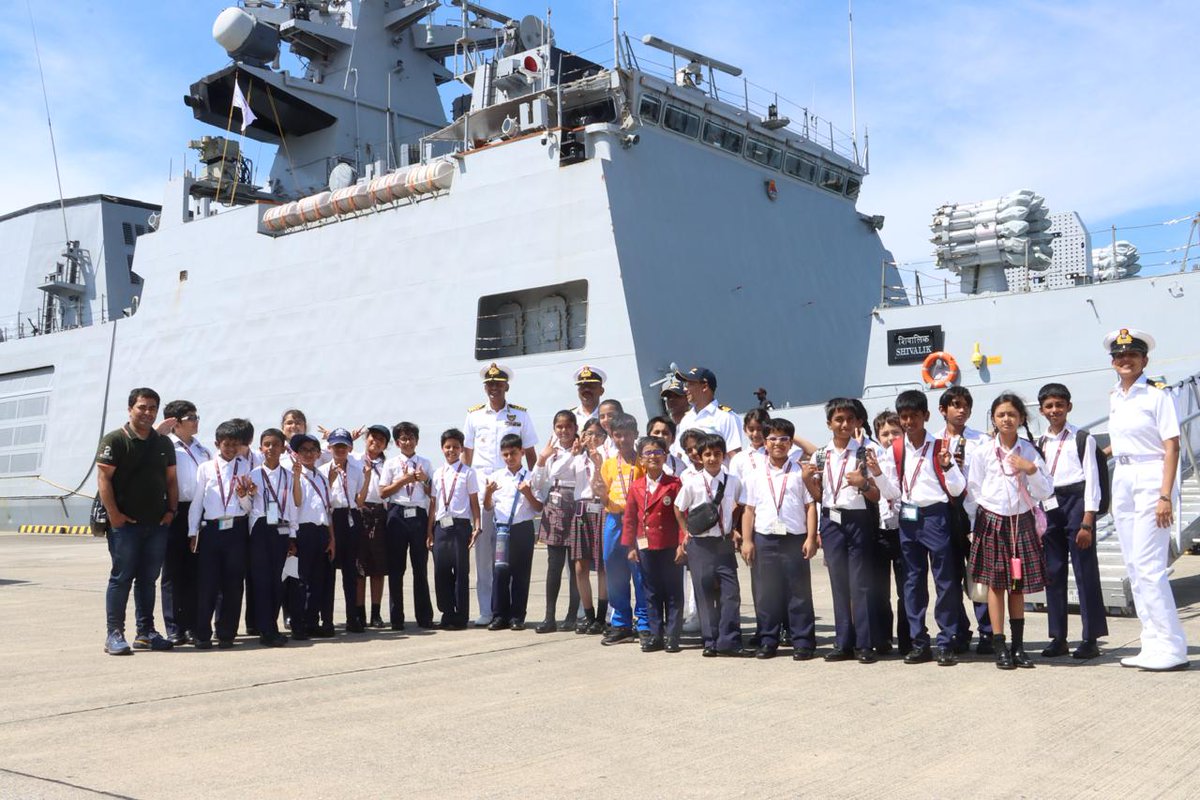 indiannavy's tweet photo. As part of  harbour activities at Yokosuka, CO #INSShivalik, called on Ambassador @AmbSibiGeorge, 
@IndianEmbTokyo.
A ship visit for school children & Indian Embassy officials was also conducted. The students were introduced to the rich #maritime legacy of India & provided an insight into #IndianNavy & the concept of #SAGAR.
🇮🇳-🇯🇵 #BridgesofFriendship
#MaritimePartnership
@IN_EasternFleet @IN_HQENC