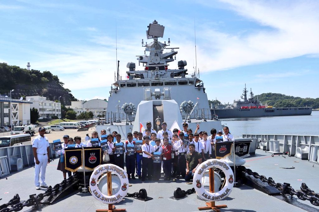 indiannavy's tweet photo. As part of  harbour activities at Yokosuka, CO #INSShivalik, called on Ambassador @AmbSibiGeorge, 
@IndianEmbTokyo.
A ship visit for school children & Indian Embassy officials was also conducted. The students were introduced to the rich #maritime legacy of India & provided an insight into #IndianNavy & the concept of #SAGAR.
🇮🇳-🇯🇵 #BridgesofFriendship
#MaritimePartnership
@IN_EasternFleet @IN_HQENC