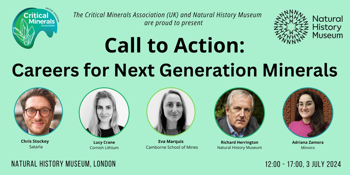 Free event for teachers/pupils/parents 'Call to Action: Careers for Next Generation Minerals' by the Critical Minerals Association (UK) co-hosted by the Natural History Museum, London. When? 3rd July. Register for free👉eventbrite.co.uk/e/call-to-acti… <a href="/CMA_Minerals/">Critical Minerals Association (UK)</a>