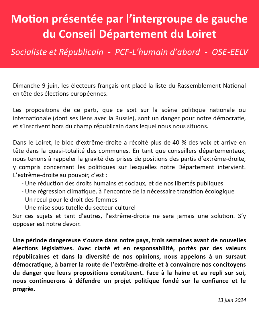 groupeser45's tweet photo. En ouverture de la session, l'intergroupe de gauche du Conseil Départemental du Loiret a présenté sa motion, appelant au sursaut républicain et au barrage contre l'extrême-droite. https://t.co/gzojmnKIkc