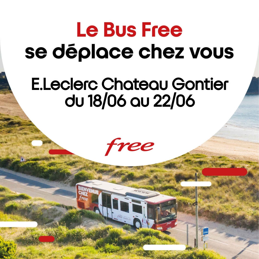 Le bus Free est de retour sur les routes de France 😍
Dès demain, retrouvez notre boutique itinérante au E.Leclerc Chateau Gontier jusqu’au 22/06 📍Nous vous attendons nombreux 🤝 <a href="/lamayenne/">La Mayenne, le Département</a> <a href="/MayenneFibre/">Mayenne Fibre</a> <a href="/Prefet53/">Préfète de la Mayenne</a> <a href="/bleumayenne/">Martin Cotta</a> <a href="/CDLM53/">Le Courrier de la Mayenne</a> <a href="/JackyBlaizot/">Jacky Blaizot</a> #Free #Mayenne