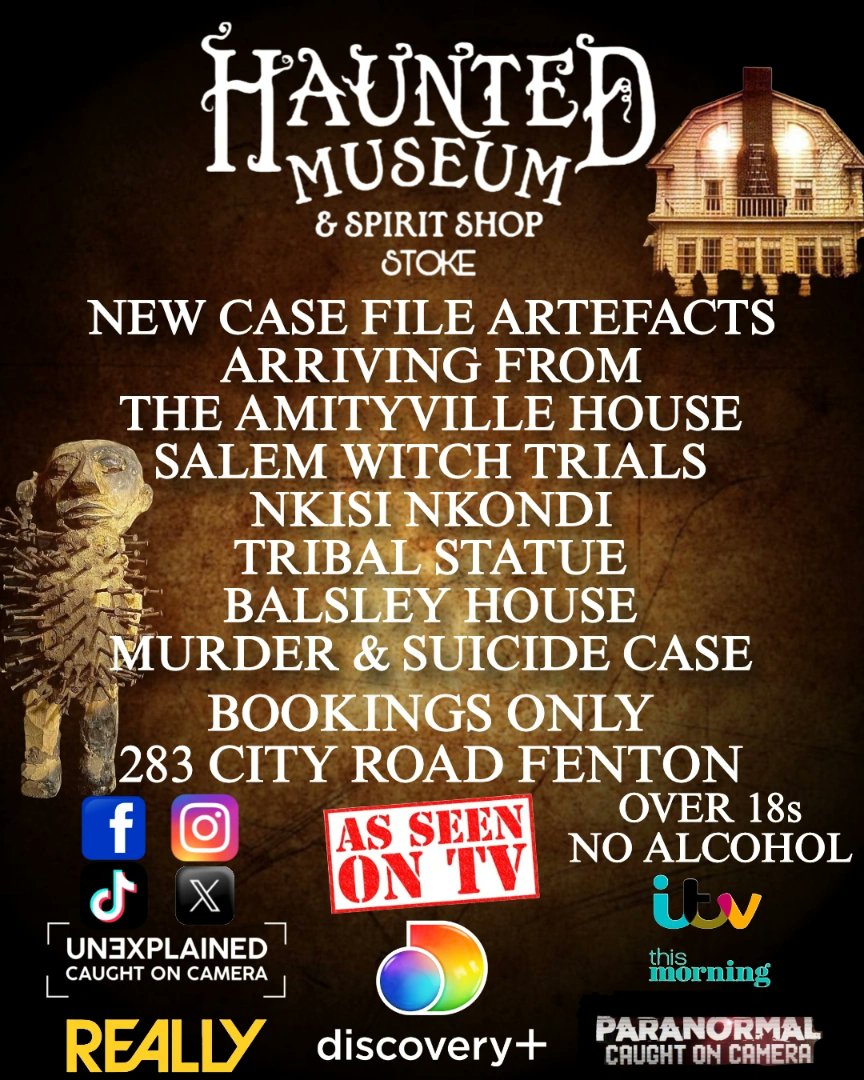 4 incredible NEW artefacts arriving soon from some of the most famous cases in the US 
THE AMITYVILLE HOUSE
SALEM WITCH TRIALS
NKISI NKONDI
TRIBAL STATUE
BALSLEY HOUSE
MURDER &amp; SUICIDE CASE
These true pieces of Paranormal history case files 
#stokeontrent #Museum  #Staffordshire