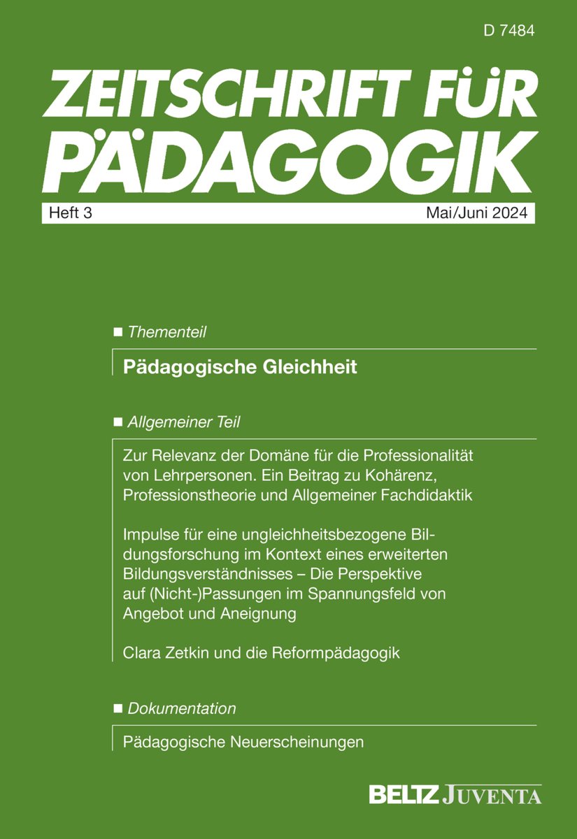 Wir freuen uns über Heft 3/24 mit dem Thementeil "Pädagogische Gleichheit". Außerdem im Heft: 3 Beiträge im Allgemeinen Teil, 3 Buchbesprechungen und die pädagogischen Neuerscheinungen!
Hier entlang: kurzlinks.de/7alg
#Bildungsforschung #Pädagogik #Erziehungswissenschaft
