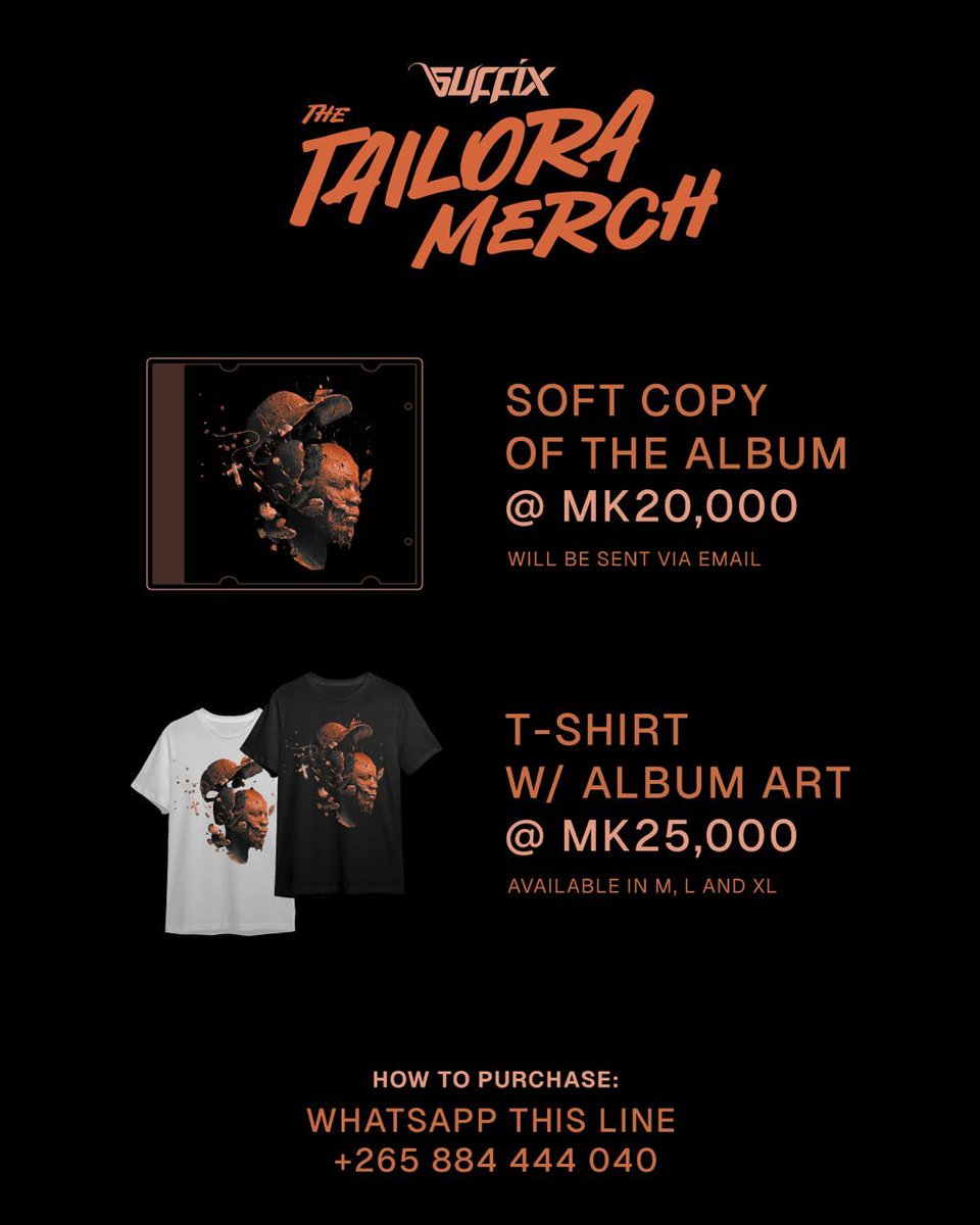 PlugKaunjika1's tweet photo. #TAILORA @SuffixMw
The biggest album this year 🔥
If You want Tailora Merch, Contact: 0884 444 040 call/whatsapp
Retweet for awareness

https://t.co/HXNY0jtlWG https://t.co/9BFZW1i3cs