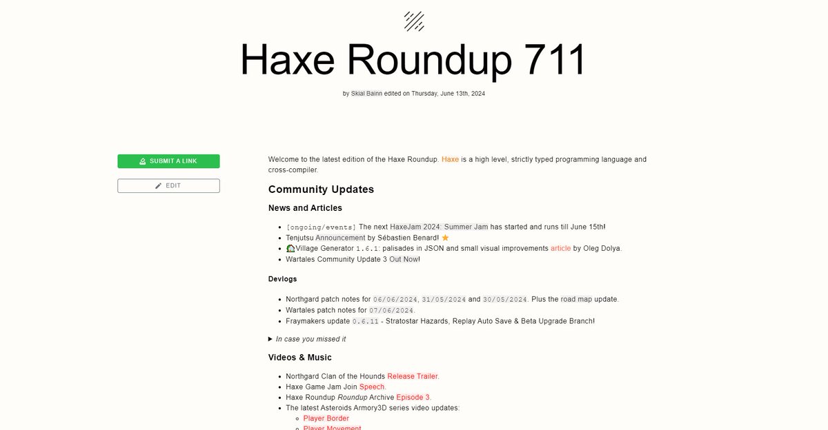#Haxe Roundup 711 haxe.io/roundups/711/ is out! 🔥

The latest announcements, articles &amp; devlogs! 📰

Plus the latest game updates &amp; releases from FNF, Northgard &amp; Renaine! 🎮

And lots more from the community over the last two weeks!