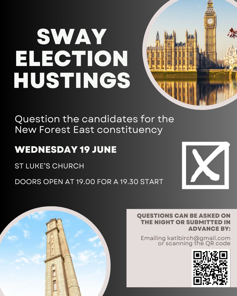 Sway is hosting a hustings for the New Forest East constituency on Wed 19 June 7-9pm at St. Luke's Church, Sway.  
Come along and hear from your candidates first-hand and have the opportunity to ask them your questions.   
Please RT locally.
forms.office.com/r/ChSwkMTr7Y