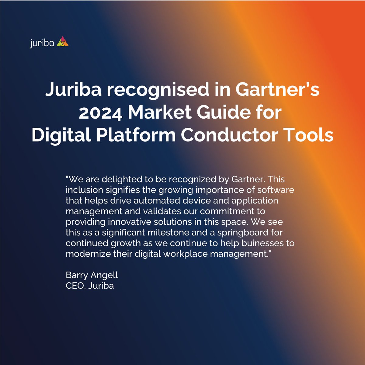 What an achievement! Juriba has been recognized in Gartner's 2024 Market Guide for Digital Platform Conductor Tools 🎉
Thank you to our team, customers, partners and <a href="/Gartner_inc/">Gartner</a> for your support. 
Read our official announcement  hubs.ly/Q02BGXY-0