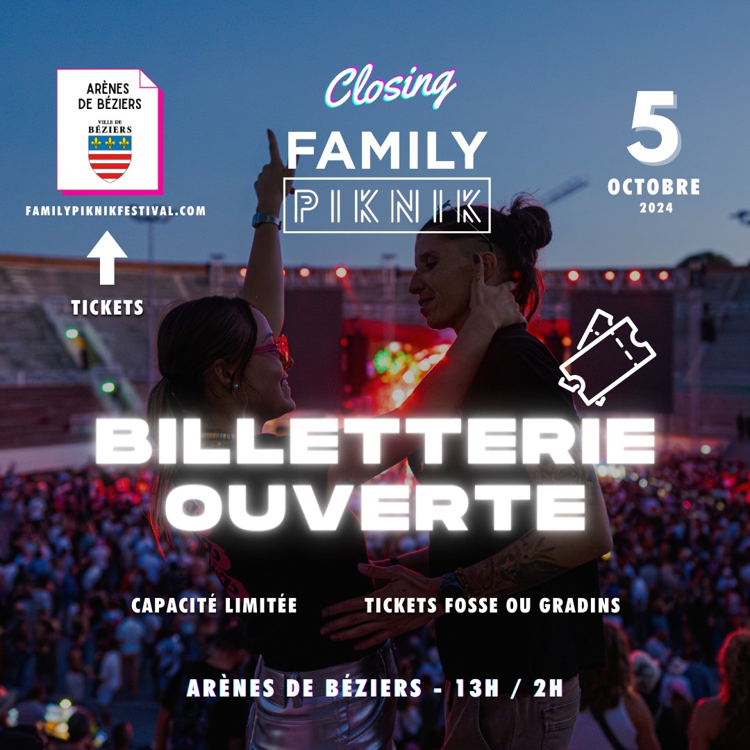 FamilyPiknik's tweet photo. La billetterie pour notre closing #FamilyPiknik dans les Arènes de @VilleDeBeziers le samedi 5 octobre est désormais accessible à tous 🙌 

Capacité limitée - Soyez vifs 👇
https://t.co/qgE7wHKZwP https://t.co/O1TlhQNmP0