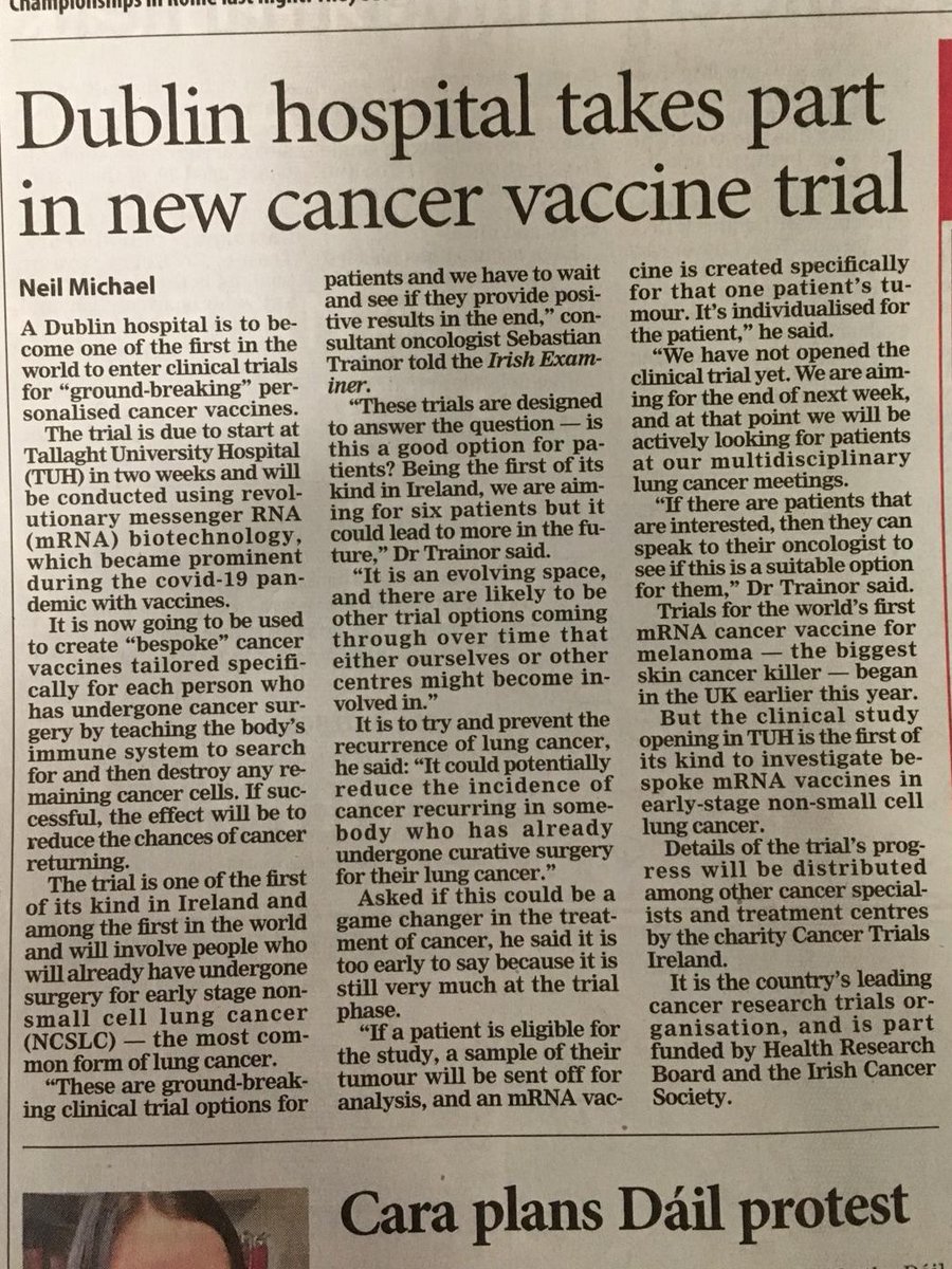 In the coming weeks, we will start the first Irish study to trial a personalised cancer vaccine for patients with early-stage non-small cell lung cancer.

It's a groundbreaking development and one of the first of such trials worldwide.

Front page of today's Irish Examiner