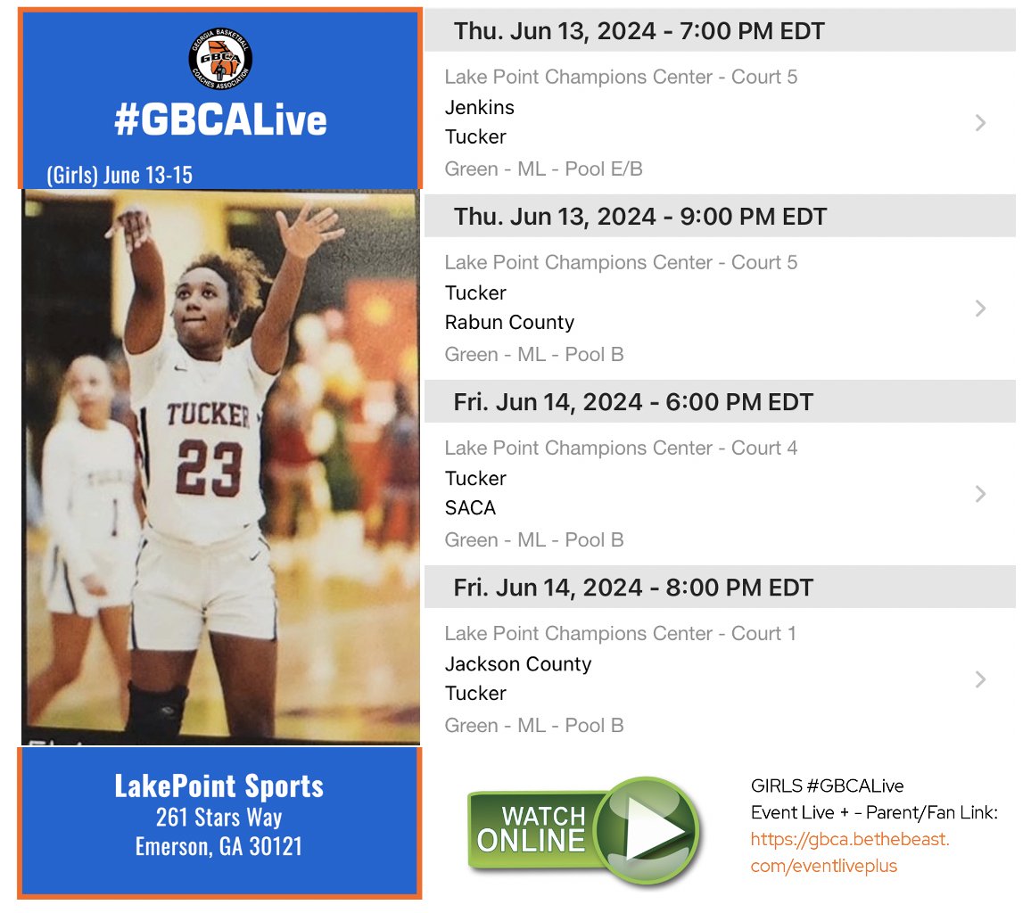 Look forward to my games today and tomorrow at GBCA Live.....
<a href="/mikemillsnc/">Mike Mills WBB College Recruiting</a> <a href="/GBACoach/">Mike Griggs, Coach</a> <a href="/onimpact3/">On Impact Recruiting Services LLC</a> <a href="/FBCNextUp/">FBC NextUp S40</a> <a href="/RoanokeWBB/">Roanoke College Women’s Basketball</a> <a href="/SewaneeWBB/">Sewanee Women’s Basketball</a> <a href="/GoMVB/">GoMVB Sports - Recruit Content for College Coaches</a>