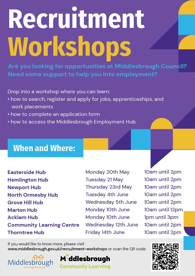 Menvcity's tweet photo. Just a reminder that the last (for now) of Middlesbrough Council's Recruitment Workshops takes place tomorrow at Thorntree Hub, from 10am to 12pm. Find out more at https://t.co/fRrjRDjSoy and take your next step into a brighter future! https://t.co/lweaRH6UJT