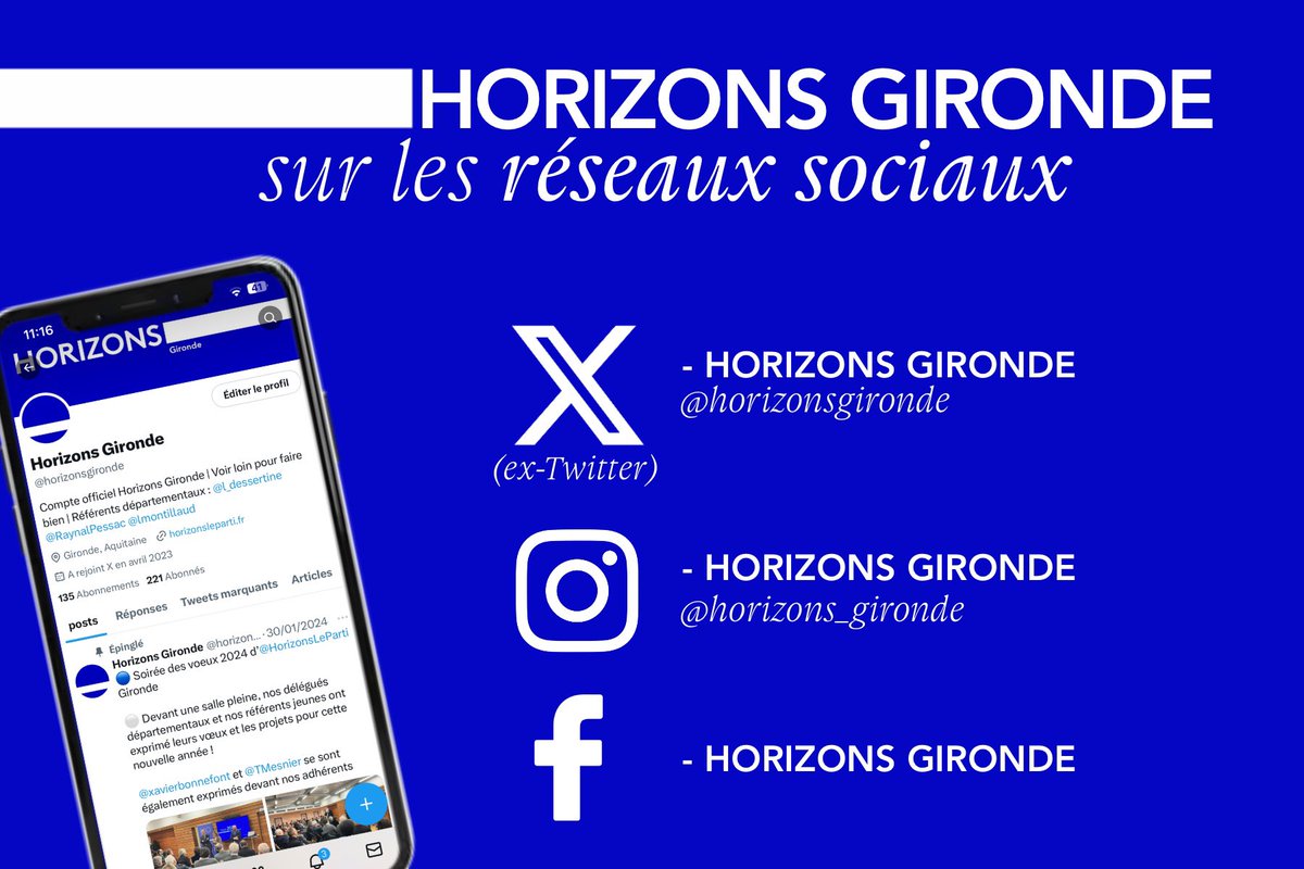 🔵 Horizons Gironde est présent sur les réseaux sociaux 

⚪️ Venez nous suivre sur Instagram, X et Facebook 

#Horizons #JeRejoinsHorizons