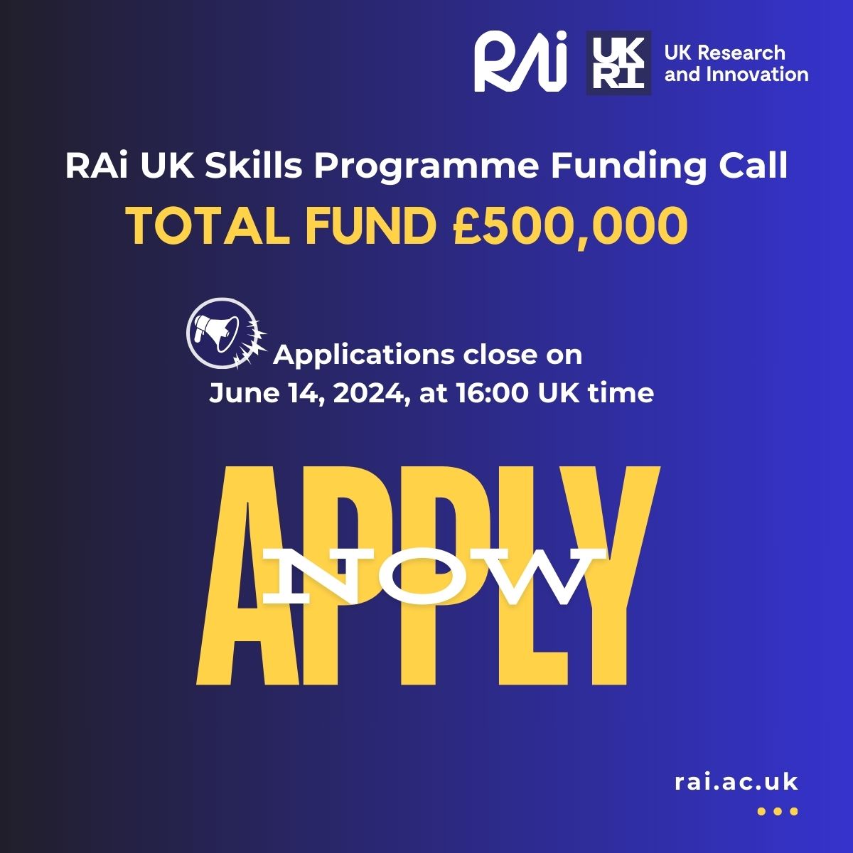 📢 Tomorrow is the LAST DAY to apply for our Skills Programme Funding Call! Don’t miss this opportunity, our #funding call will close tomorrow, 14 June 2024 16:00 UK time! ⏰
To apply, click here: rai.ac.uk/live-calls/

<a href="/UKRI_News/">UK Research and Innovation</a>

#AI #AISkills #AItraining