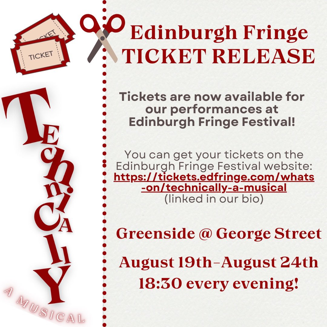 Technically: A Musical (@technically_01) on Twitter photo Tickets are now available for our performance run at Edinburgh Fringe Festival!! (19th-24th August)
You can get your tickets now on the <a href="/edfringe/">Edinburgh Festival Fringe</a> website:
🗓️ 19th-24th August
⏰ 18:30
📍Greenside @ George Street <a href="/GreensideVenue/">Greenside Venues</a>
🎟️ tickets.edfringe.com/whats-on/techn… Tickets are now available for our performance run at Edinburgh Fringe Festival!! (19th-24th August)
You can get your tickets now on the <a href="/edfringe/">Edinburgh Festival Fringe</a> website:
🗓️ 19th-24th August
⏰ 18:30
📍Greenside @ George Street <a href="/GreensideVenue/">Greenside Venues</a>
🎟️ tickets.edfringe.com/whats-on/techn…