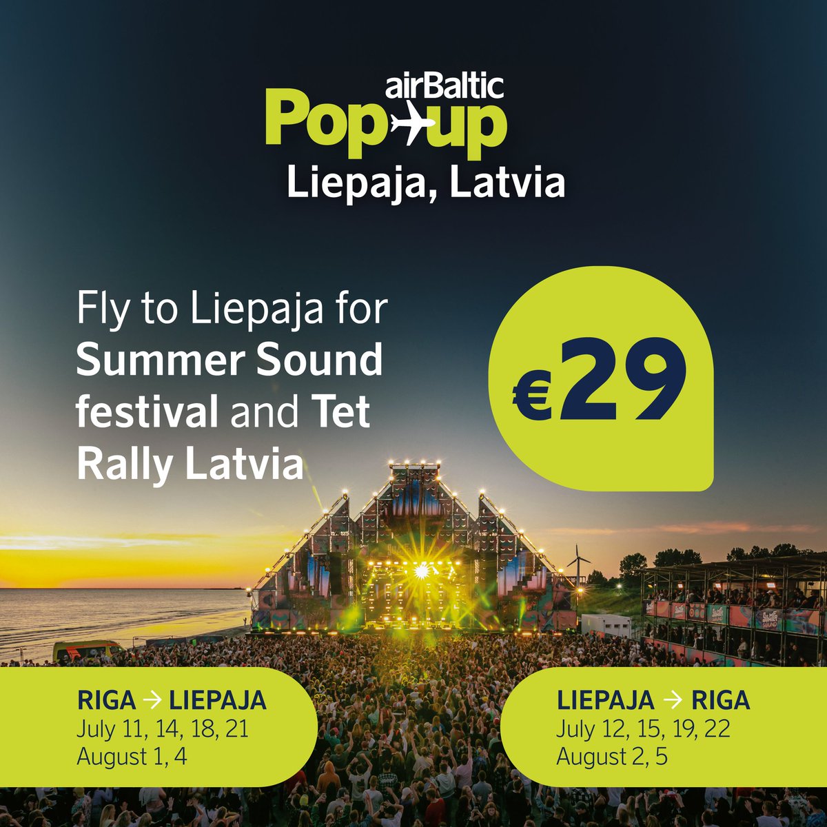 Planning to attend Tet Rally Latvia or <a href="/SummerSoundLV/">SUMMER SOUND</a> festival in Liepaja? The hottest summer events are just a short flight away for only 29€ one-way!
✈️ Find direct flights from Riga to Liepaja here: tiny.cc/18wkyz
<a href="/liepajalv/">Liepāja</a>