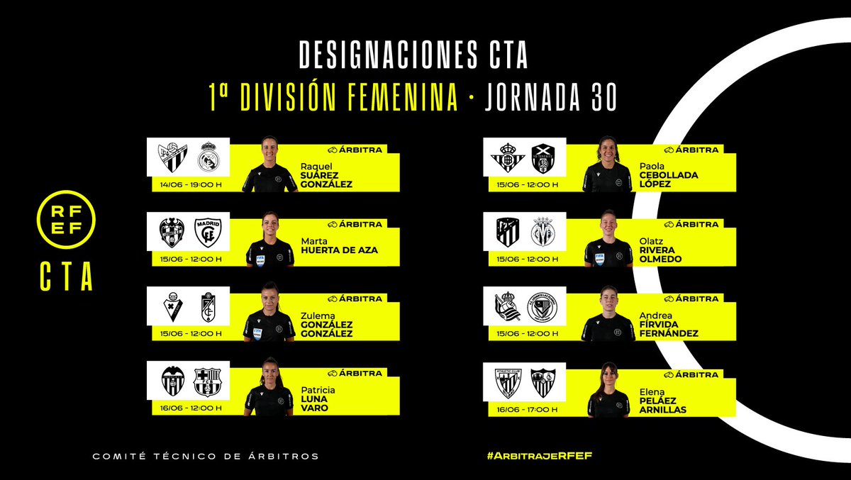 ⚖️ ÁRBITRAS | Definidas las colegiadas que dirigirán la jornada 3️⃣0️⃣ en 𝐏𝐫𝐢𝐦𝐞𝐫𝐚 División Femenina.

🟨🟥 Designaciones completas: rfef.es/es/noticias/of…

#ArbitrajeRFEF | <a href="/CTARFEF/">CTA</a>