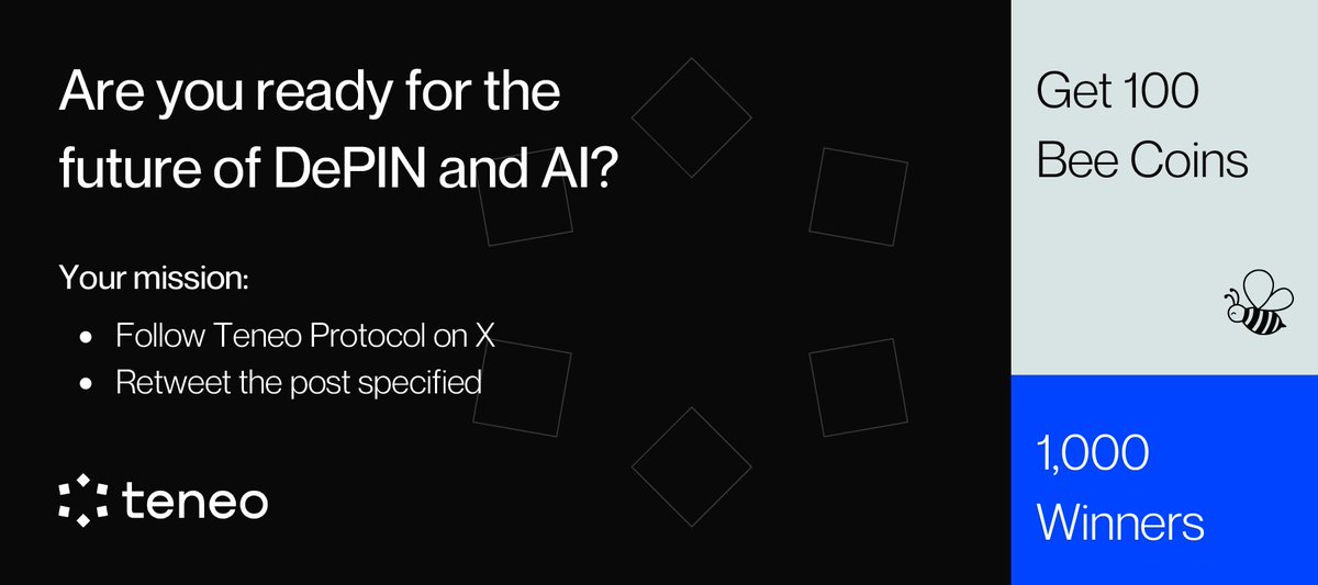 EXCLUSIVE GIVEAWAY: Teneo x <a href="/Beenetworkintl/">Bee Network Official</a> 

To celebrate the launch of our new website, we are thrilled to #giveaway 100,000 Bee coins to #Beelievers 🐝

💰 Prize Pool: 1,000 winners, 100 Bee coins each

➡️ Join now: j.bee.com/d.html?EventId…

⏰ End of June