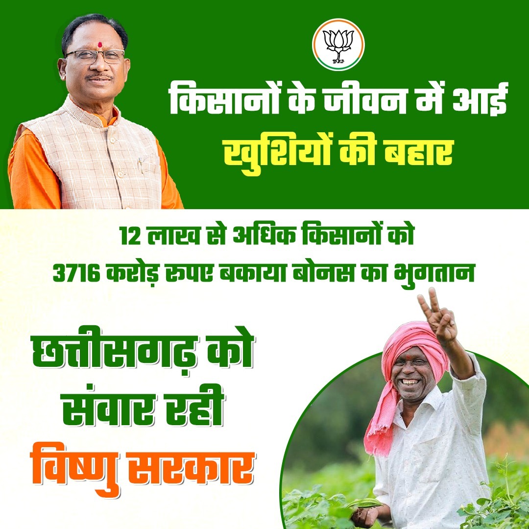 12 लाख से अधिक किसानों को विष्णु के सुशासन  में लाभ हुआ। किसानों को कुल  3716 करोड़ रूपए बकाया बोनस का भुगतान किया गया।विष्णु के सुशासन से #संवर_रहा_छत्तीसगढ़