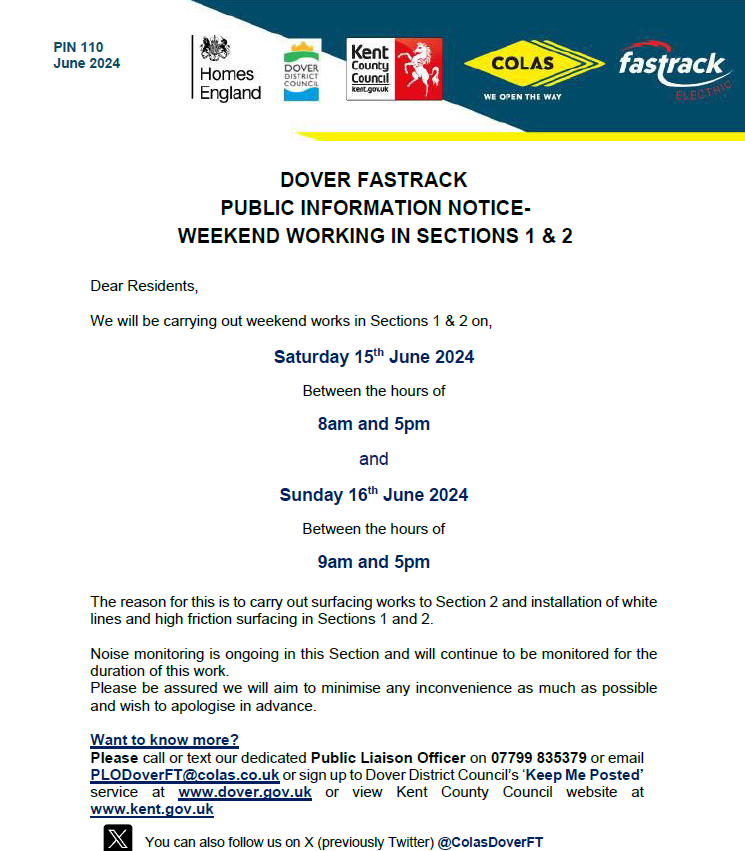 PIN 110 - Weekend working 
<a href="/DoverDC/">Dover District Council</a> <a href="/KentHighways/">KCC Highways</a> <a href="/Kent_cc/">Kent County Council</a>