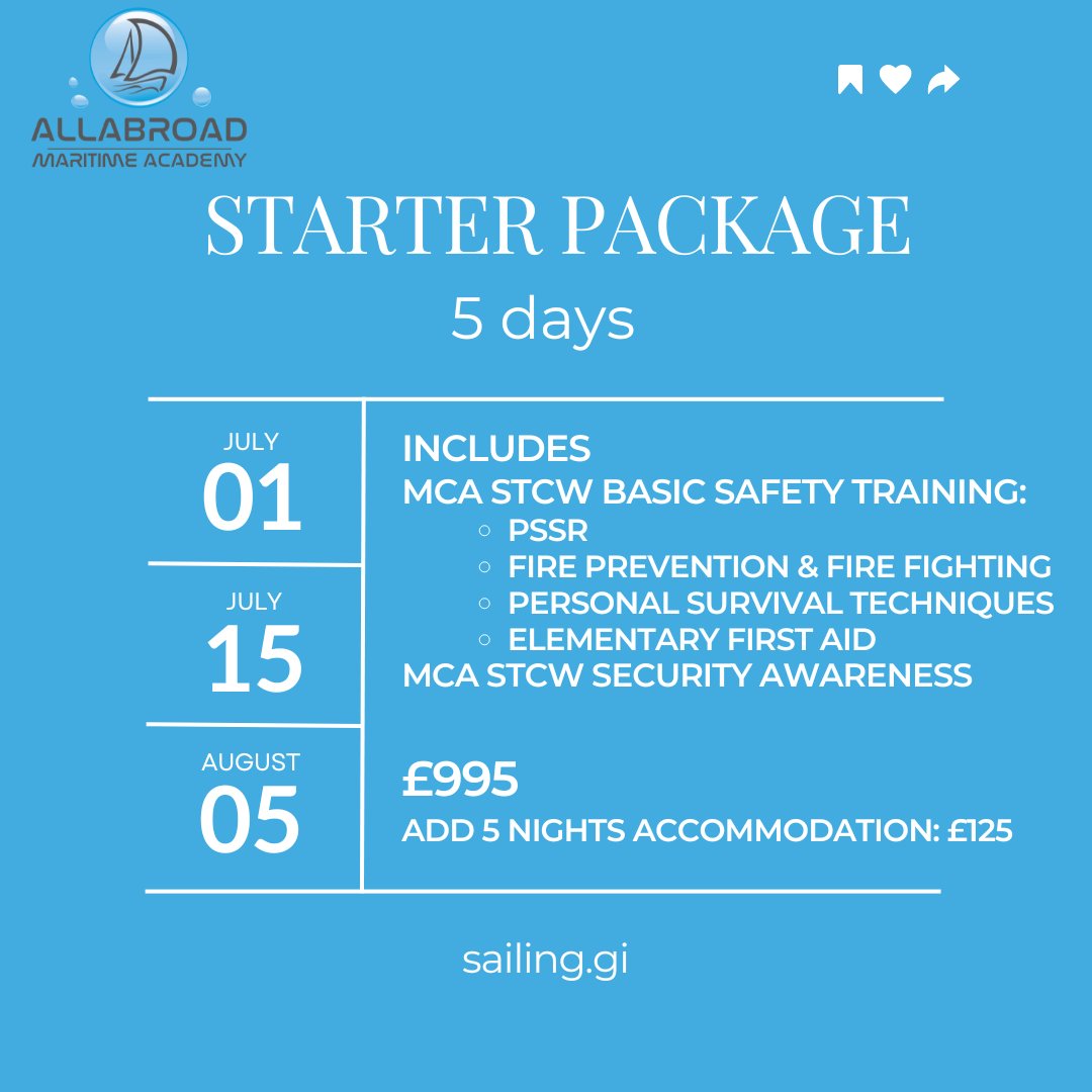 AllabroadSail's tweet photo. Upcoming MCA STCW Basic Safety Training inclusive packages - for Superyacht Crew. 

STCW Update Courses running on the same weeks (Wednesday-Thursday). 

 #BasicSafetyTraining #MCA #STCW #SuperyachtCrew #STCWUpdate #FirePrevention #PersonalSurvivalTechniques #YachtTraining https://t.co/2DEfm42N3d