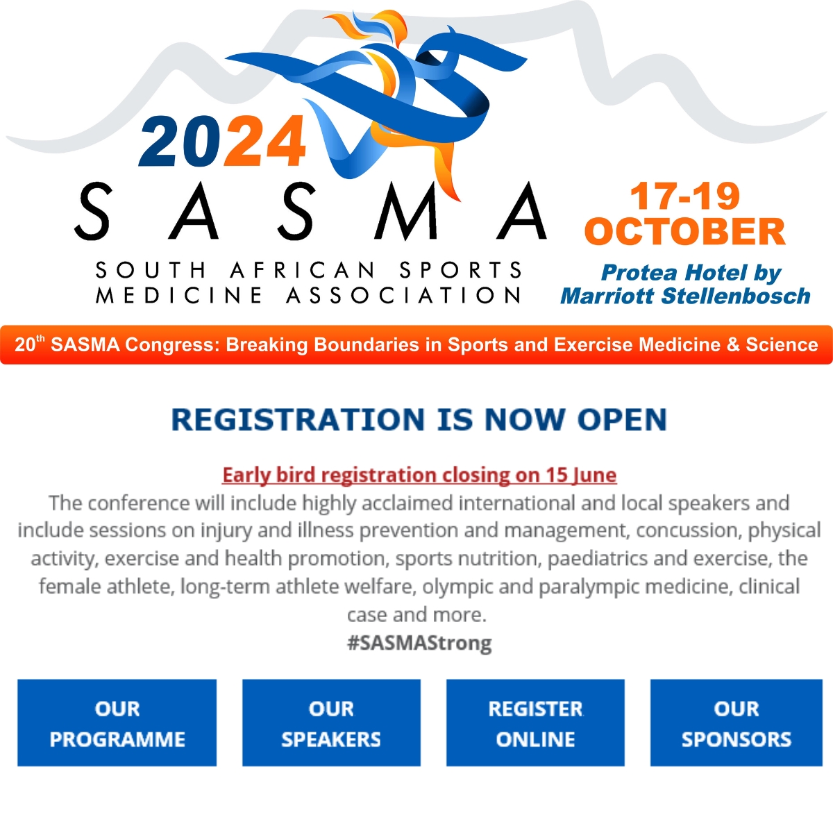 SASMA_ZA's tweet photo. Don't miss out! Register now for a conference boasting esteemed speakers and diverse sessions on injury prevention, sports medicine, nutrition, and athlete well-being. #SASMAStrong
Register Here: https://t.co/ZfYbr3vrFd https://t.co/LTab2vwI40