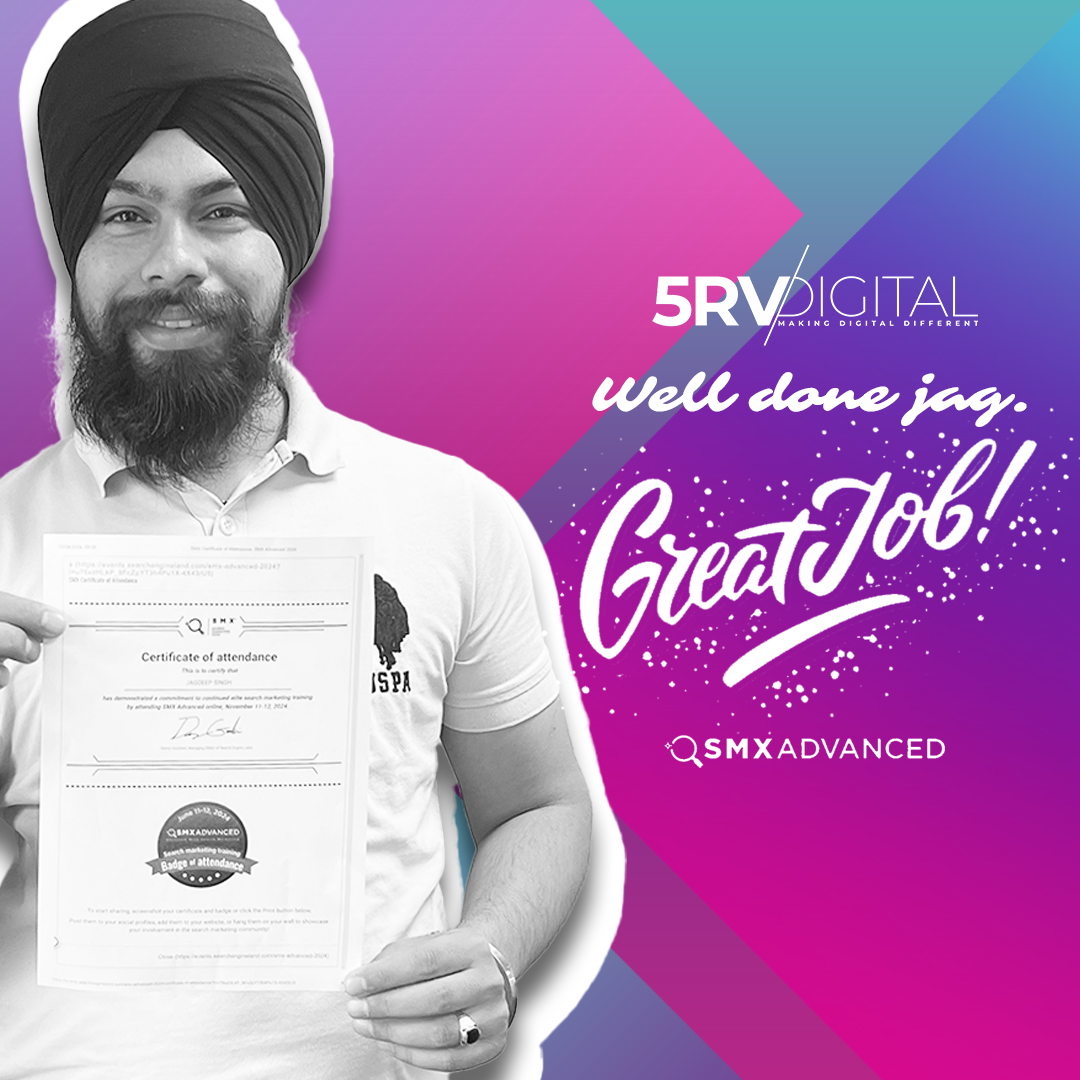 5rvDigital's tweet photo. Well done @Singh5rv!

Your dedication to @5rvdigital &amp; participation in the SMX Advanced event have greatly benefited us all.

Thanks to @searchengineland for the opportunity!

Visit: https://t.co/6SNSdoQqBT

Get in touch: 0203 150 3202 / hello@5rv.digital

#5rvdigital https://t.co/INFI0TUDSo