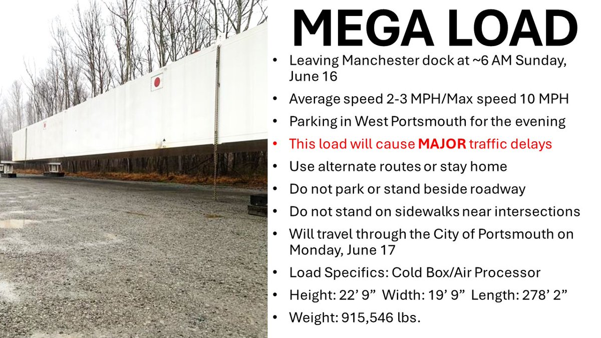Scioto_Alert's tweet image. The first MEGA LOAD will leave the dock at Manchester at approximately 6 AM Sunday, June 16. Average speed is 2-3 MPH. Expect MAJOR traffic impact and delays. Please avoid US 52, between Manchester and West Portsmouth, Sunday if at all possible. #SciotoEMA #MegaLoad