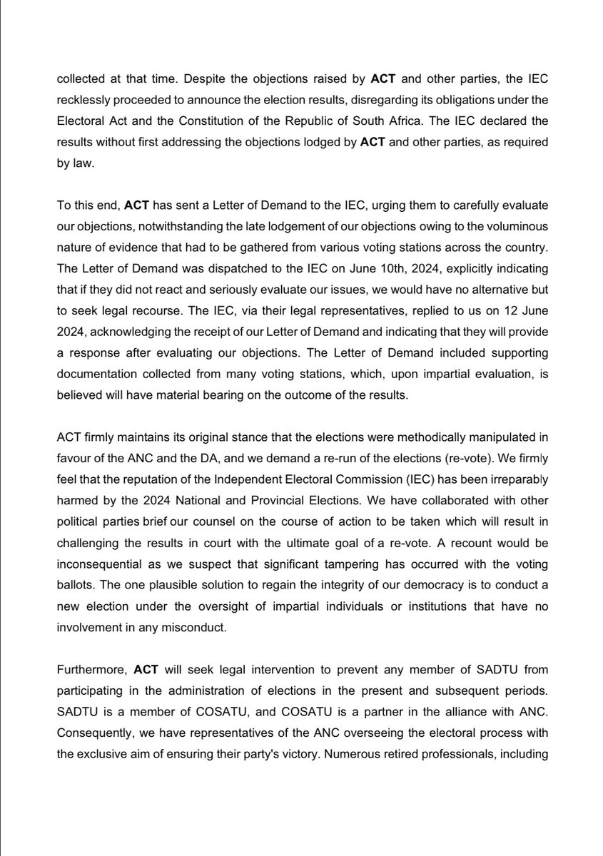 ACTYouthWing_'s tweet photo. ACT stands firm against irregularities, fraud, and rigging in the election results. We’re challenging this outcome to ensure fair and transparent democracy prevails. Stay tuned for updates as we fight for the integrity of our electoral process. #ACT #VoteACT #VoteACT2024 

Ace Magashule #WooliesFathersDay JazziQ Mpox City Press IFP