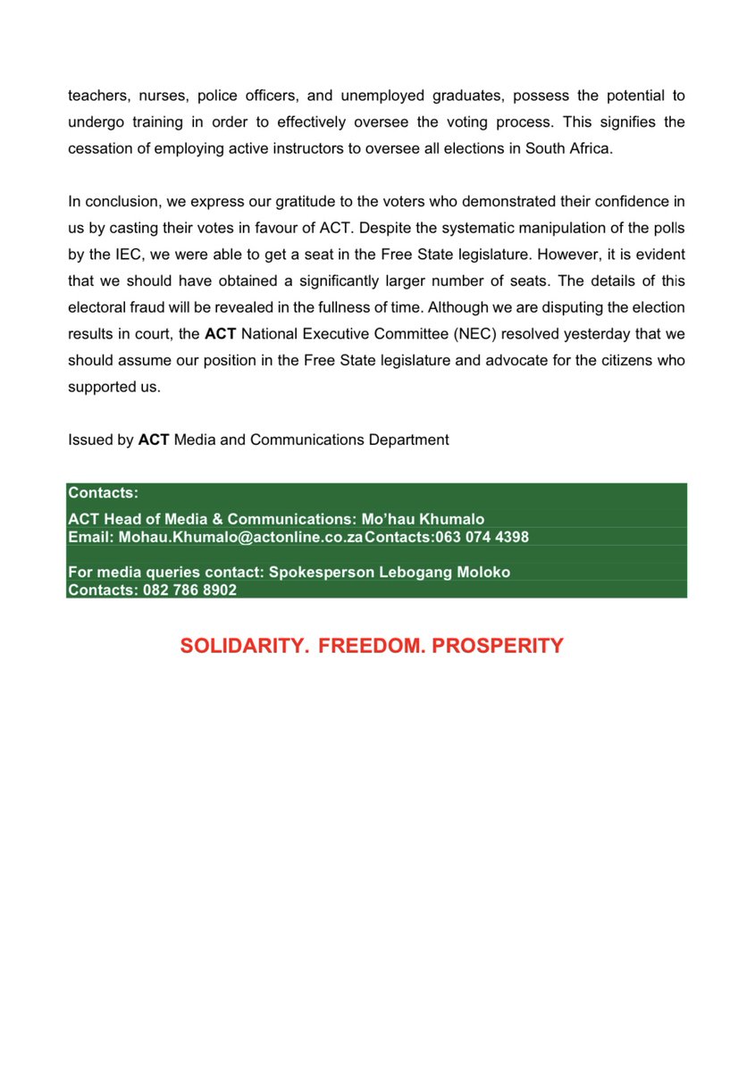 ACTYouthWing_'s tweet photo. ACT stands firm against irregularities, fraud, and rigging in the election results. We’re challenging this outcome to ensure fair and transparent democracy prevails. Stay tuned for updates as we fight for the integrity of our electoral process. #ACT #VoteACT #VoteACT2024 

Ace Magashule #WooliesFathersDay JazziQ Mpox City Press IFP